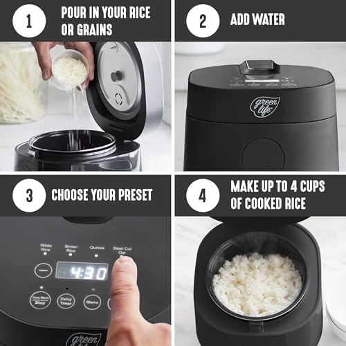 GreenLife Digital Rice Cooker, 2-Cups Uncooked/4-Cups Cooked, Removable Nonstick Ceramic PFAS-Free Pot, One-Touch Presets, Oats, Quinoa, Brown Rice, Auto Keep Warm, Fuzzy Logic Tech, 1.5QT, Black - Image 3