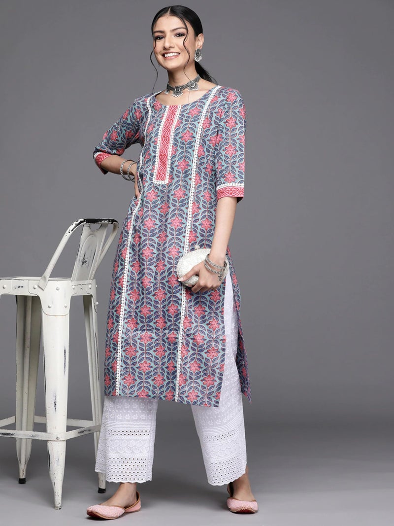 rytras Women's Pure Cotton Printed Straight Kurta(RYT343,Blue,S) - Image 3