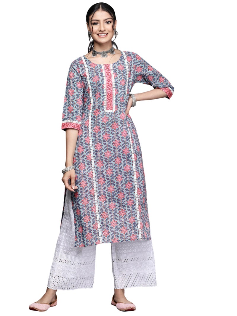 rytras Women's Pure Cotton Printed Straight Kurta(RYT343,Blue,S) - Image 1