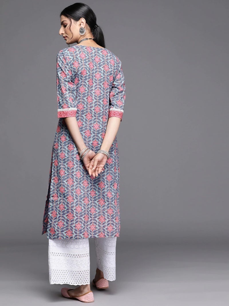 rytras Women's Pure Cotton Printed Straight Kurta(RYT343,Blue,S) - Image 2