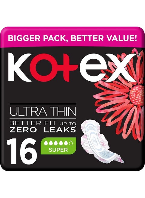 Kotex Ultra Thin Pads, Super Size Sanitary Pads with Wings, 16 Sanitary Pads 16 Pcs