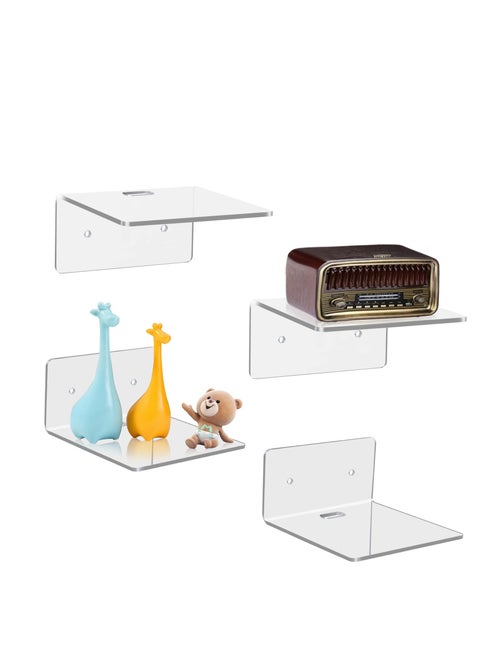 4 Pack Small Wall Shelf, 4'' Acrylic Wall Shelves Display Ledges for Storage & Decoration, Small Floating Shelf for Wall with 2 Types of Installation (Adhesive or Screw)