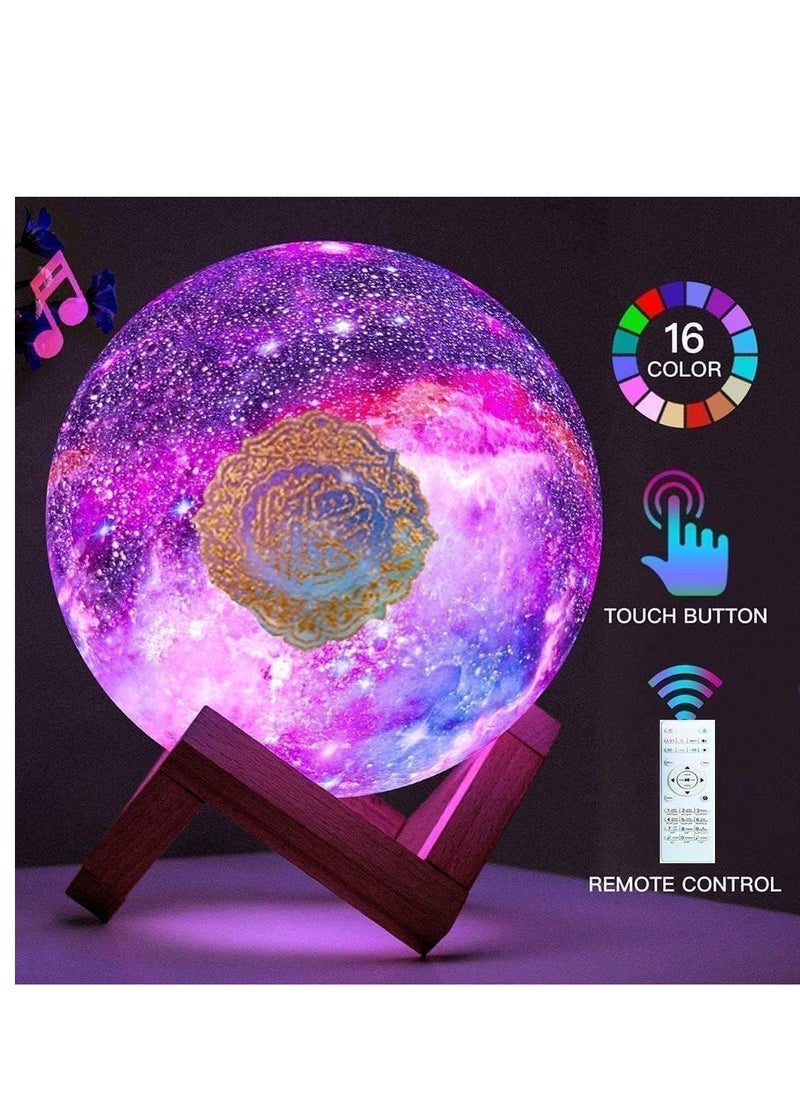Portable Quran speaker LED night light, 16-color 3D printing LED Galaxy Moon light, Bluetooth, Micro SD remote control speaker, Quran chanting, FM radio (ELT-GLOBE-04)