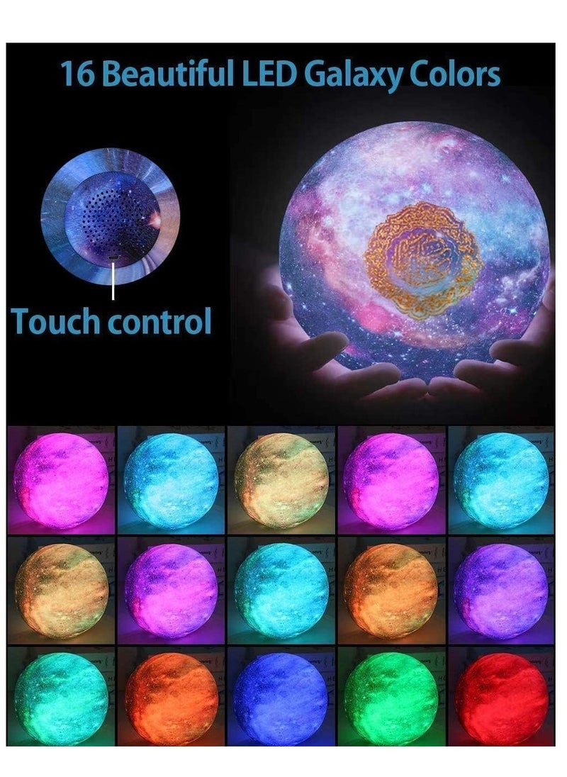 Portable Quran speaker LED night light, 16-color 3D printing LED Galaxy Moon light, Bluetooth, Micro SD remote control speaker, Quran chanting, FM radio (ELT-GLOBE-04)