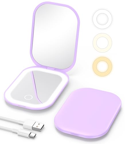 Gospire Lighted Compact Mirror with Light and Magnification 1X3X Stepless Dimming and ThreeColor Adjustable Lights Rechargeable Battery and Compact Size for Purse and Travel Purple - Image 1