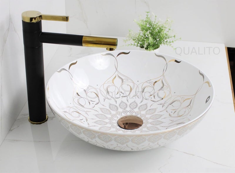 Qualito Table Top Wash Basin Moroccan Wash Basin Ceramic Counter Top Vessel SinkBasin for Bathroom Hall Living Room Dinning Room Glossy Finish Designer Over Counter  - Image 1