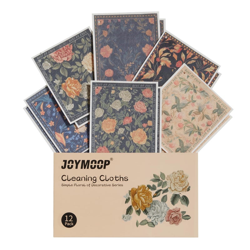 JOYMOOP 12 Pack Decorate Cleaning Cloth (Simple Floral of Decorative Series), Reusable Absorbent Dish Towels, Non-Scratch Washable Rags for Cookware, Kitchen and Household Cleaning - 6.7Ã—7.9 inch - Image 1