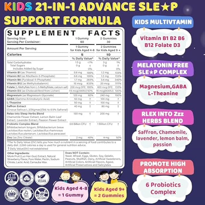 EnvyCure Kids Sleep Gummies - Magnesium Glycinate Saffron for kids w/ Vitamin B6 D3, L-Theanine, GABA, Chamomile, Methylate B12 for Peaceful Sleep, Relax Brain & Muscle, Bedtime Unwind, Melatonin Free,120 Cts - Image 2