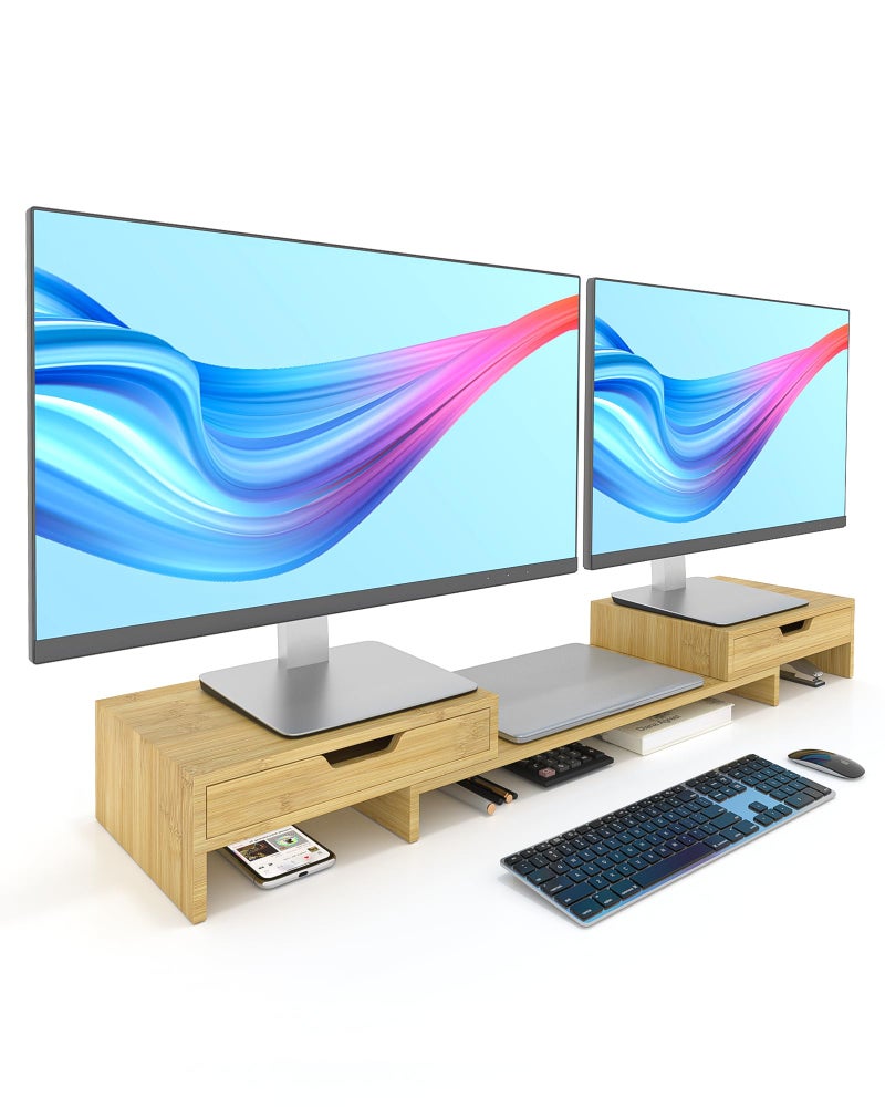 Epesoware Dual Monitor Riser with Two Drawers for Desk Bamboo Monitor Stand Riser with Storage Desk Shelf for Computer IMac  Laptop No Assembly Required Natural