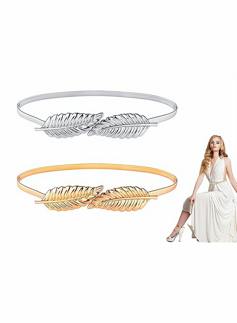 SYOSI Women Metal Chain Leaves Belt, Skinny Elastic Stretchy Decorative Waistband Adjustable Interlock Buckle for Dress, Jeans, Formal Clothing, Skirts and Pants, 2 Pieces, Silver and Gold - Image 1