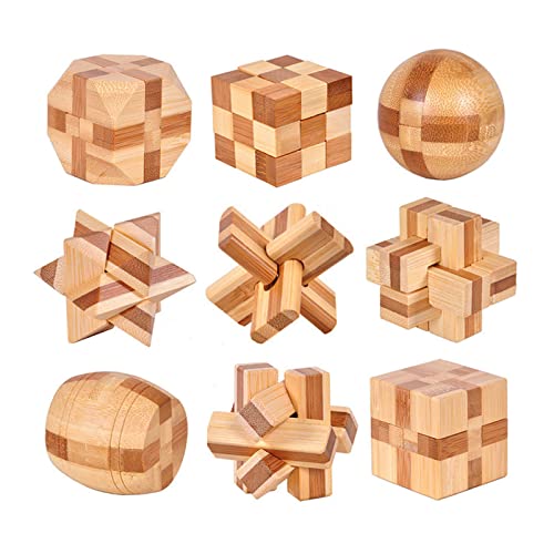 VolksRose 9pcs Wooden Brain Teaser Puzzles IQ Challenge Puzzle Games Logic Smart Mind Puzzle Box Lock Toy Removing Assembling 3D Small Puzzle Gift Set for Adults Teenagers Kids 18inch 45cm - Image 1