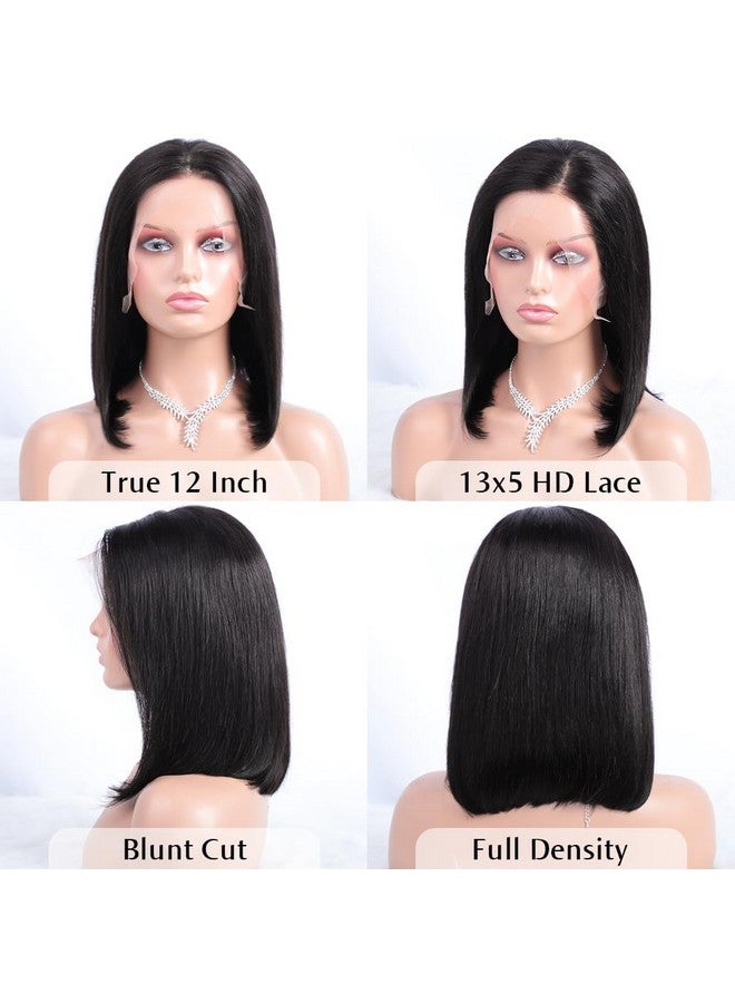 Flady 12 Inch Straight Bob Wig Human Hair 13X4 Hd Frontal Lace Wig 150% Density Short Bob Wigs For Women Glueless Bob Lace Front Wigs Human Hair Pre Plucked Natural Black Color - Image 3