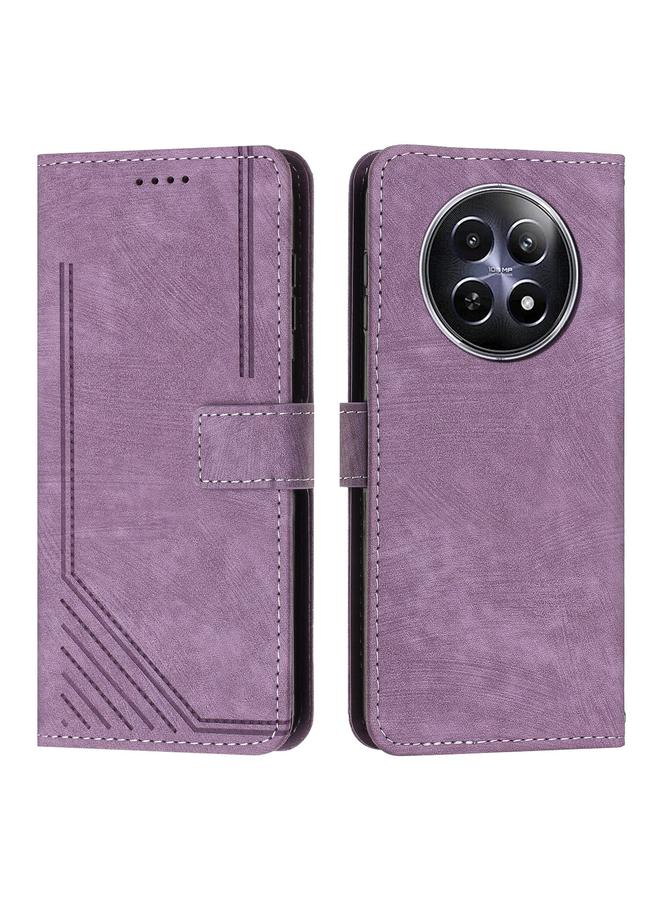 Green Tiger For Realme 12 Skin Feel Stripe Pattern Leather Phone Case with Lanyard(Purple)