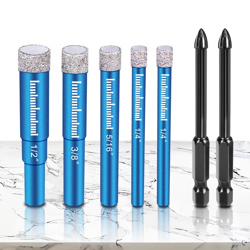 Samest 7 PCs Diamond Drill Bits Set, Versatile Tile Drill Bits for Ceramic Glass Porcelain Marble Granite, Blue Dry Diamond Drill Bit Set, Premium Fast Dry Drilling with Cooling Wax, Round Shank - Samest - Image 1