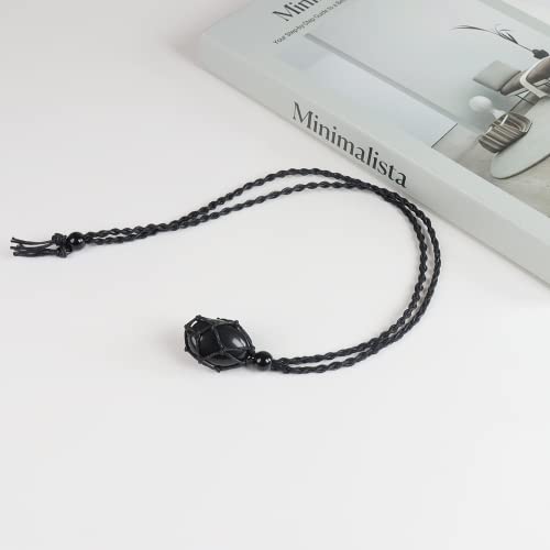 Anjiucc Natural Gemstone Crystal Polished Black Obsidian Pendant Necklace Stone Holder Necklace Cord Hand-Woven Necklace with Adjustable Length for Women Men - Image 3