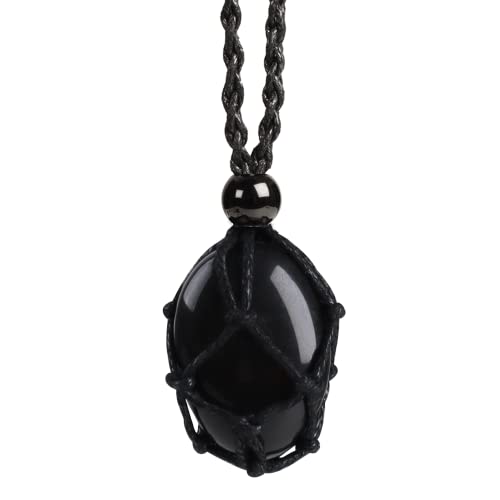 Anjiucc Natural Gemstone Crystal Polished Black Obsidian Pendant Necklace Stone Holder Necklace Cord Hand-Woven Necklace with Adjustable Length for Women Men - Image 1