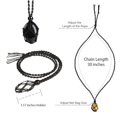 Anjiucc Natural Gemstone Crystal Polished Black Obsidian Pendant Necklace Stone Holder Necklace Cord Hand-Woven Necklace with Adjustable Length for Women Men - Image 2