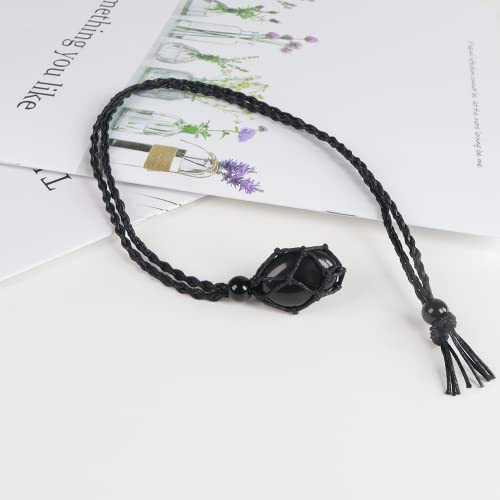 Anjiucc Natural Gemstone Crystal Polished Black Obsidian Pendant Necklace Stone Holder Necklace Cord Hand-Woven Necklace with Adjustable Length for Women Men - Image 5