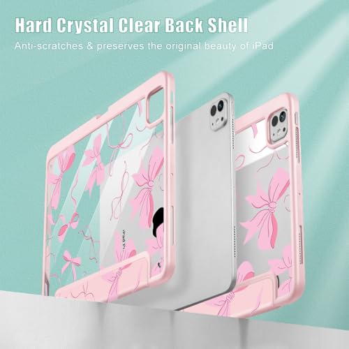 May Chen Case for iPad Pro 13-inch 2024 7th Generation M4 Chip, [Built Pencil Holder Supports Pencil 2/USB-C] Ultra Thin Clear Back Shell with Trifold Stand Support Auto Wake/Sleep, Pink Bows 13 - Image 4
