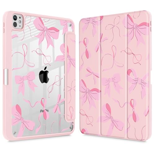 May Chen Case for iPad Pro 13-inch 2024 7th Generation M4 Chip, [Built Pencil Holder Supports Pencil 2/USB-C] Ultra Thin Clear Back Shell with Trifold Stand Support Auto Wake/Sleep, Pink Bows 13 - Image 1
