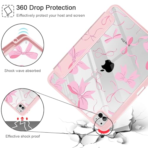 May Chen Case for iPad Pro 13-inch 2024 7th Generation M4 Chip, [Built Pencil Holder Supports Pencil 2/USB-C] Ultra Thin Clear Back Shell with Trifold Stand Support Auto Wake/Sleep, Pink Bows 13 - Image 5