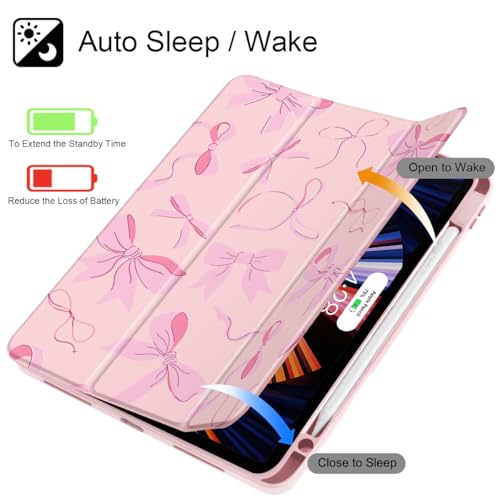 May Chen Case for iPad Pro 13-inch 2024 7th Generation M4 Chip, [Built Pencil Holder Supports Pencil 2/USB-C] Ultra Thin Clear Back Shell with Trifold Stand Support Auto Wake/Sleep, Pink Bows 13 - Image 3