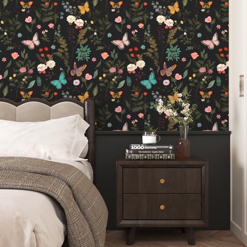 VOLEAAR Black Butterfly Wallpaper Peelable, Vintage Dark Wallpaper with Colorful Butterfly Pattern, Boho Floral Contact Paper Stick on Bedroom Cabinet Drawer Shelf Liner Backsplash 17.5In x 9.8Ft - Image 2