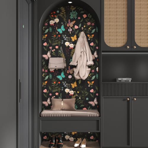 VOLEAAR Black Butterfly Wallpaper Peelable, Vintage Dark Wallpaper with Colorful Butterfly Pattern, Boho Floral Contact Paper Stick on Bedroom Cabinet Drawer Shelf Liner Backsplash 17.5In x 9.8Ft - Image 4