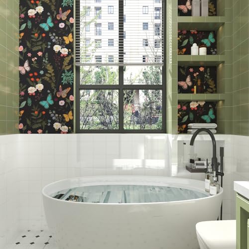 VOLEAAR Black Butterfly Wallpaper Peelable, Vintage Dark Wallpaper with Colorful Butterfly Pattern, Boho Floral Contact Paper Stick on Bedroom Cabinet Drawer Shelf Liner Backsplash 17.5In x 9.8Ft - Image 5
