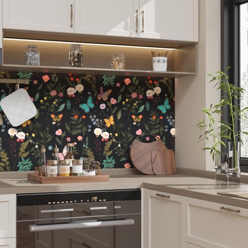 VOLEAAR Black Butterfly Wallpaper Peelable, Vintage Dark Wallpaper with Colorful Butterfly Pattern, Boho Floral Contact Paper Stick on Bedroom Cabinet Drawer Shelf Liner Backsplash 17.5In x 9.8Ft - Image 3