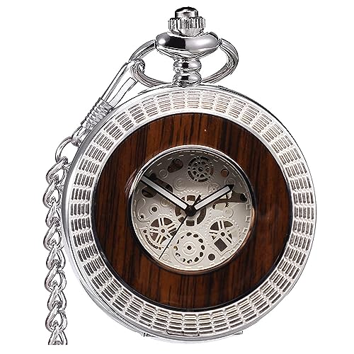VIGOROSO Men's Hand-Wind Mechanical Pocket Watch Vintage Steampunk Wood Grain Hollow Design with Chain and Box - Image 1