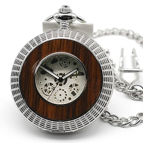 VIGOROSO Men's Hand-Wind Mechanical Pocket Watch Vintage Steampunk Wood Grain Hollow Design with Chain and Box - Image 2