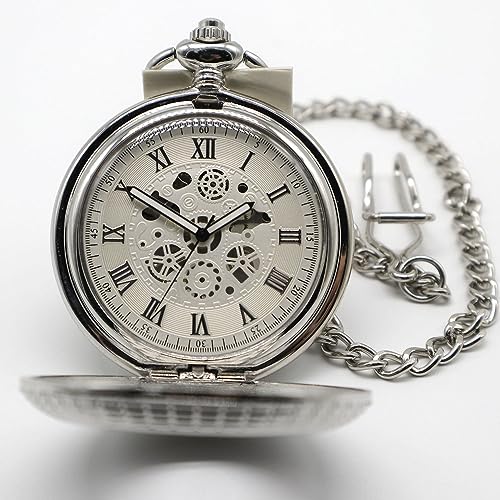 VIGOROSO Men's Hand-Wind Mechanical Pocket Watch Vintage Steampunk Wood Grain Hollow Design with Chain and Box - Image 3