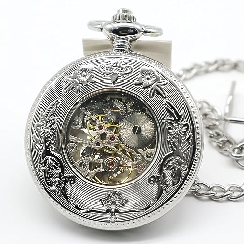 VIGOROSO Men's Hand-Wind Mechanical Pocket Watch Vintage Steampunk Wood Grain Hollow Design with Chain and Box - Image 4