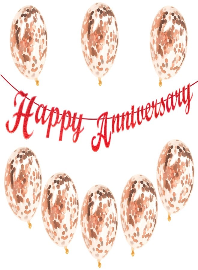 Flyloons Red Happy Anniversary Banner with Confetti Balloons Decoration Kit for Men Women 8 Pcs Rose Gold Colour Confetti Meatallic Balloons Reusable Happy Wedding Anniversary Banner - Image 1