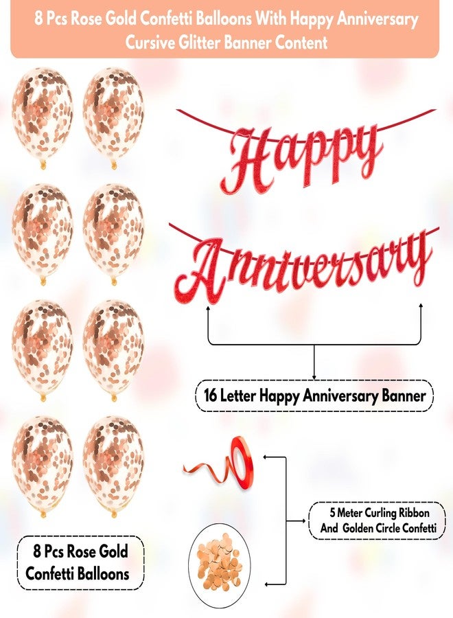 Flyloons Red Happy Anniversary Banner with Confetti Balloons Decoration Kit for Men Women 8 Pcs Rose Gold Colour Confetti Meatallic Balloons Reusable Happy Wedding Anniversary Banner - Image 2