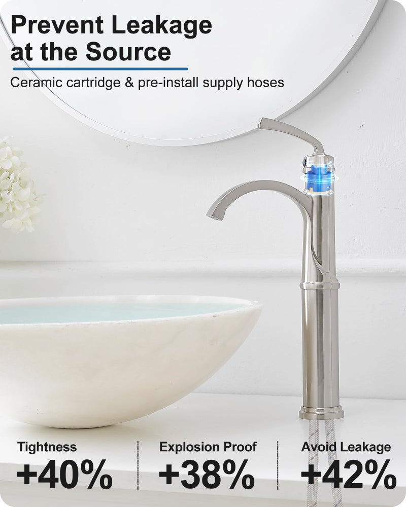 HEYMYTAP Bathroom Vessel Sink Faucet Brushed Nickel, Brass Tall Waterfall Bathroom Faucet 1 Hole Bathroom Sink Faucet Single Handle Bathroom Faucets with Water Lines Pop-Up Drain - Image 3