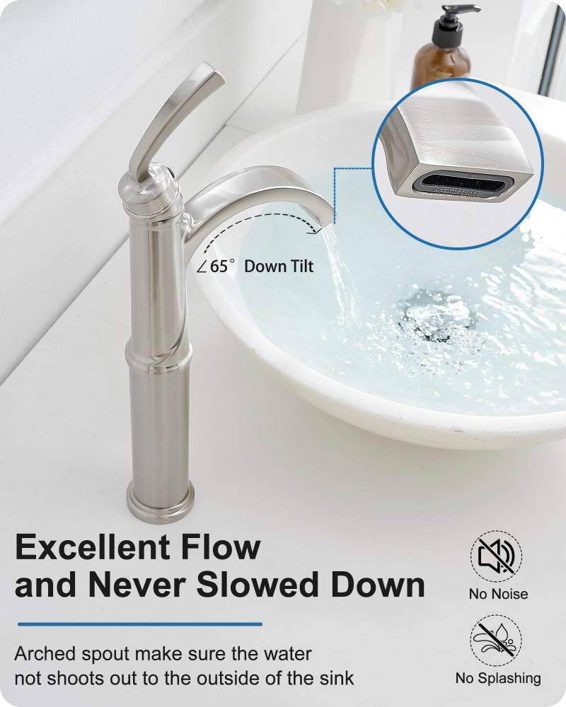 HEYMYTAP Bathroom Vessel Sink Faucet Brushed Nickel, Brass Tall Waterfall Bathroom Faucet 1 Hole Bathroom Sink Faucet Single Handle Bathroom Faucets with Water Lines Pop-Up Drain - Image 4