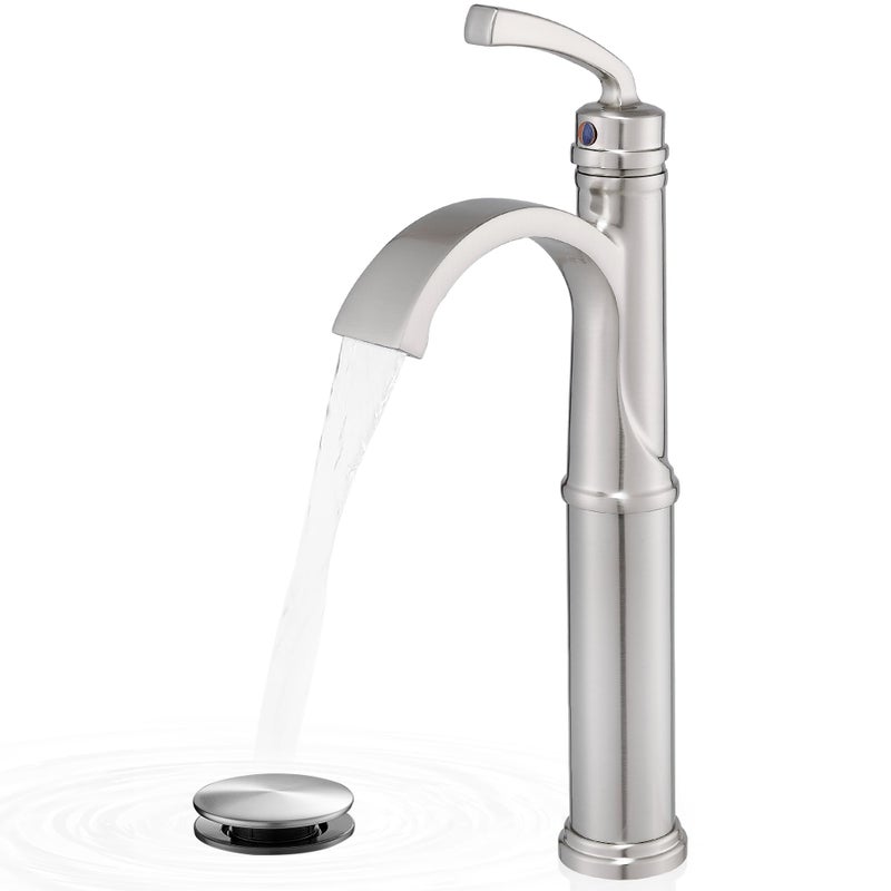 HEYMYTAP Bathroom Vessel Sink Faucet Brushed Nickel, Brass Tall Waterfall Bathroom Faucet 1 Hole Bathroom Sink Faucet Single Handle Bathroom Faucets with Water Lines Pop-Up Drain - Image 1