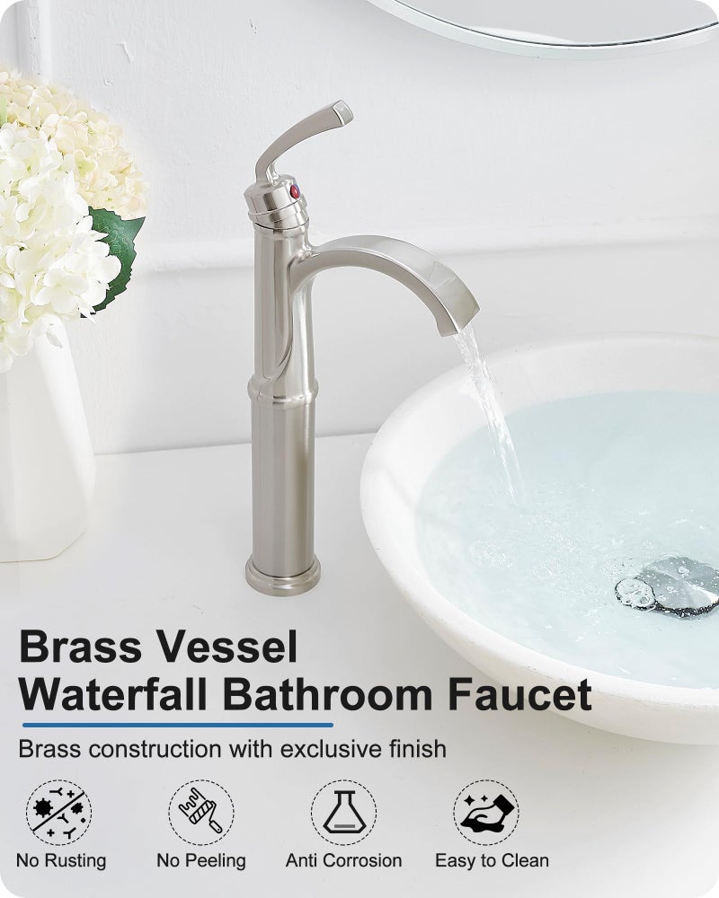 HEYMYTAP Bathroom Vessel Sink Faucet Brushed Nickel, Brass Tall Waterfall Bathroom Faucet 1 Hole Bathroom Sink Faucet Single Handle Bathroom Faucets with Water Lines Pop-Up Drain - Image 2