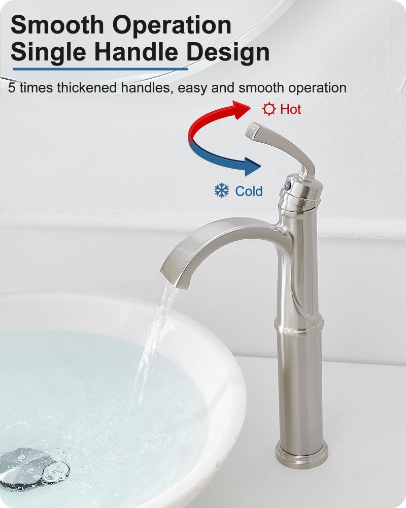 HEYMYTAP Bathroom Vessel Sink Faucet Brushed Nickel, Brass Tall Waterfall Bathroom Faucet 1 Hole Bathroom Sink Faucet Single Handle Bathroom Faucets with Water Lines Pop-Up Drain - Image 5