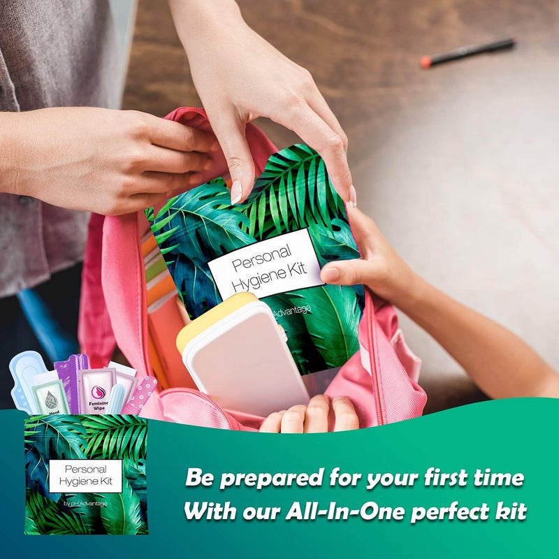 pH Advantage Menstrual Kit All-in-One 10 Pack | Convenience on The Go | Period Kit Pack for Travelling, Tweens & Teenager | Individually Wrapped Feminine Hygiene Product (Green Ferns) - Image 5