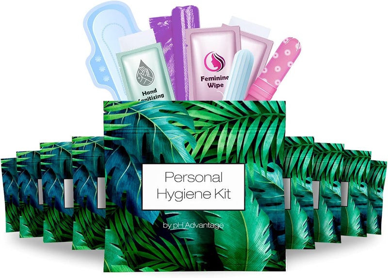 pH Advantage Menstrual Kit All-in-One 10 Pack | Convenience on The Go | Period Kit Pack for Travelling, Tweens & Teenager | Individually Wrapped Feminine Hygiene Product (Green Ferns) - Image 1
