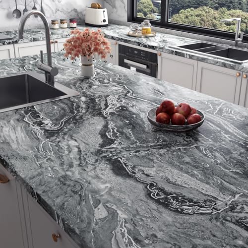 Stickyart 24x160 Liquid Marble Contact Paper Silver Black Marble Wallpaper for Countertops Cabinets Table Covers Matte Marble Wallpaper Peel and Stick Countertops Waterproof Removable Self Adhesive - Image 1