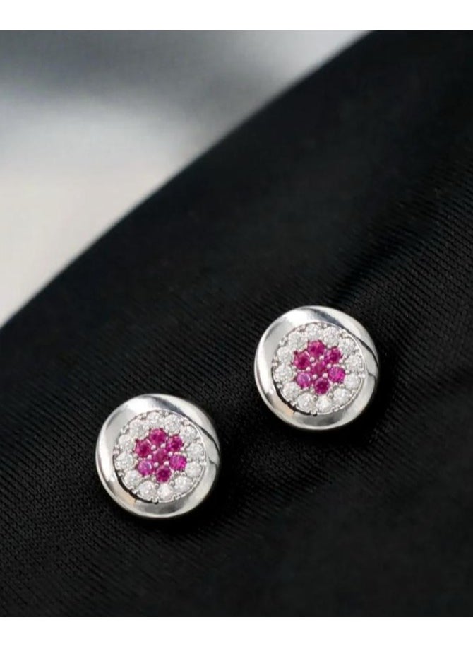 mjuhurat Elegant Round Stud Earrings with Pink & White Stones – Silver-Tone Classic Jewelry  - Image 1