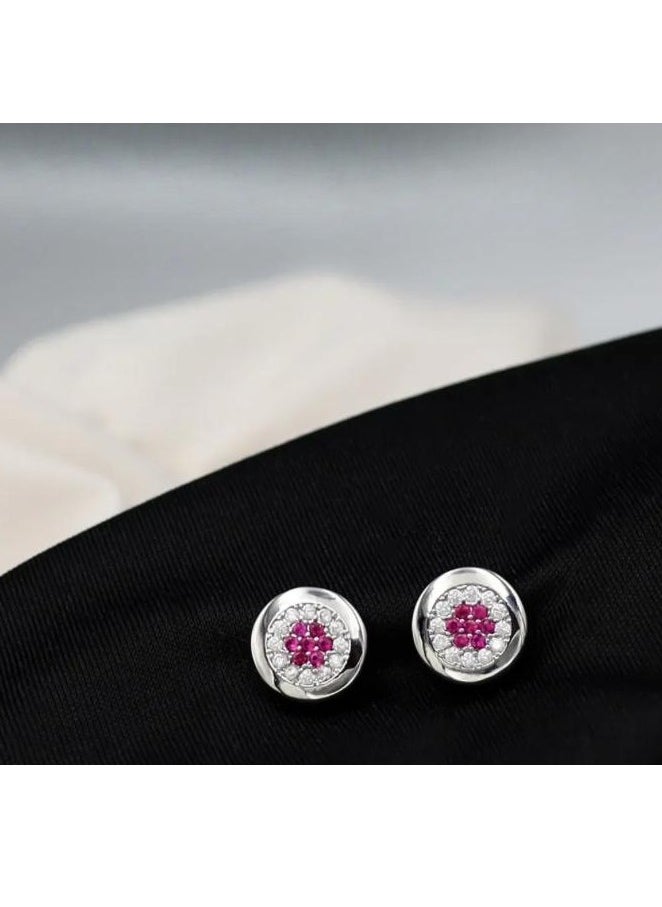 mjuhurat Elegant Round Stud Earrings with Pink & White Stones – Silver-Tone Classic Jewelry  - Image 2