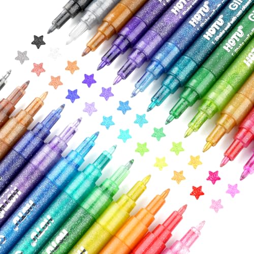 HOTU Glitter Markers Pen: 24 Sparkly Colors Metallic Marker 0.7mm Extral Fine Tip Acrylic Glitter Paint Pens for Rock Painting, Ceramic, Glass, Wood, Fabric, Scrapbooking, DIY Craft Making - Image 1