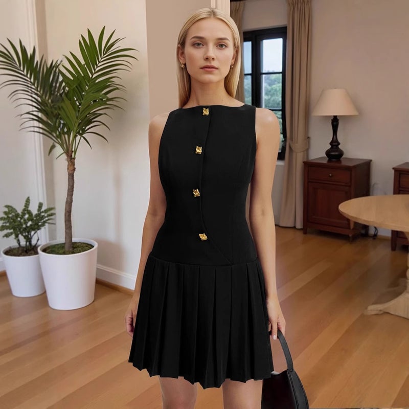 Women's Sleeveless Solid Color Ruffle Waist Short Dress - Image 1