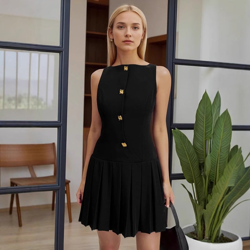 Women's Sleeveless Solid Color Ruffle Waist Short Dress - Image 3