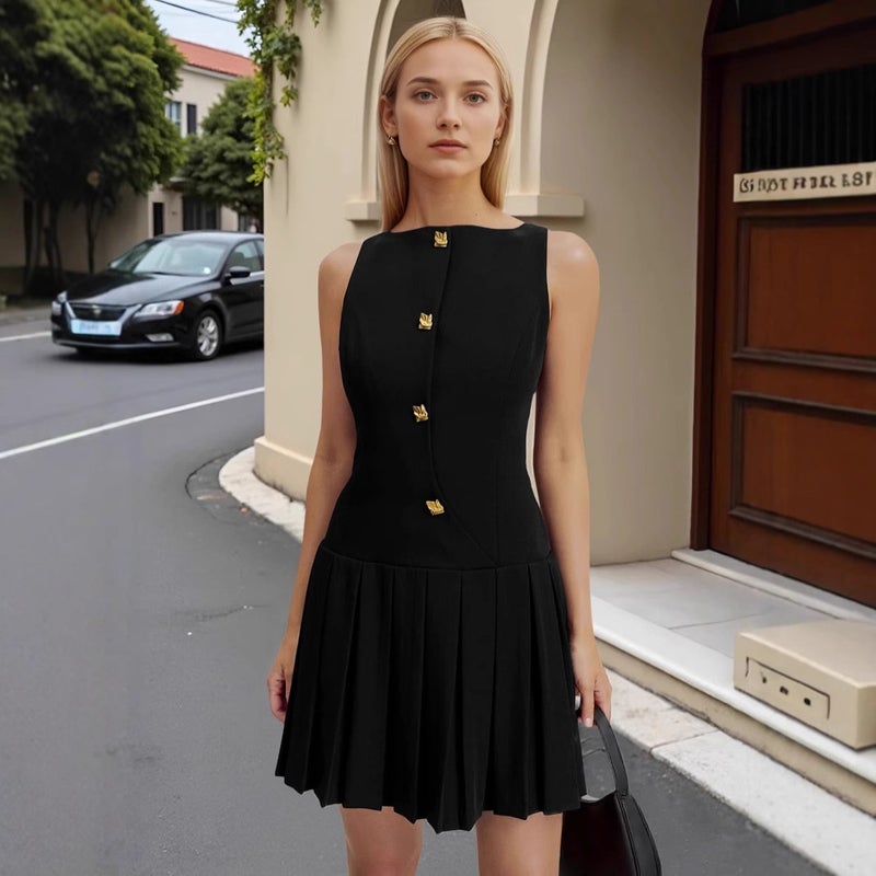 Women's Sleeveless Solid Color Ruffle Waist Short Dress - Image 2